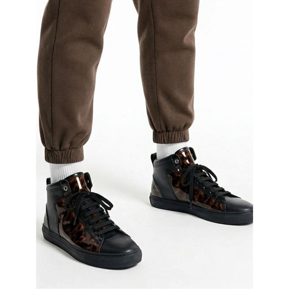 BALLY | Turtle Brown Calf Patent Black High Top Designer Sneakers Men’s Size 8